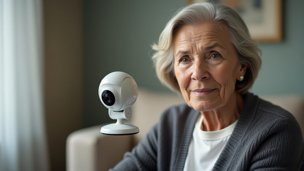 AI camera monitoring elderly woman in living room, privacy considered. 8K quality, sharp focus, Câmera com IA monitorando idosa na sala.