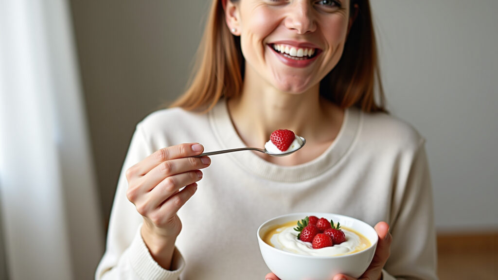 Calcium rich foods, woman eating yogurt, healthy breakfast, strong bones, lifestyle photography, 8K Mulher consumindo alimentos ricos em cálcio para fortalecer os ossos na menopausa.