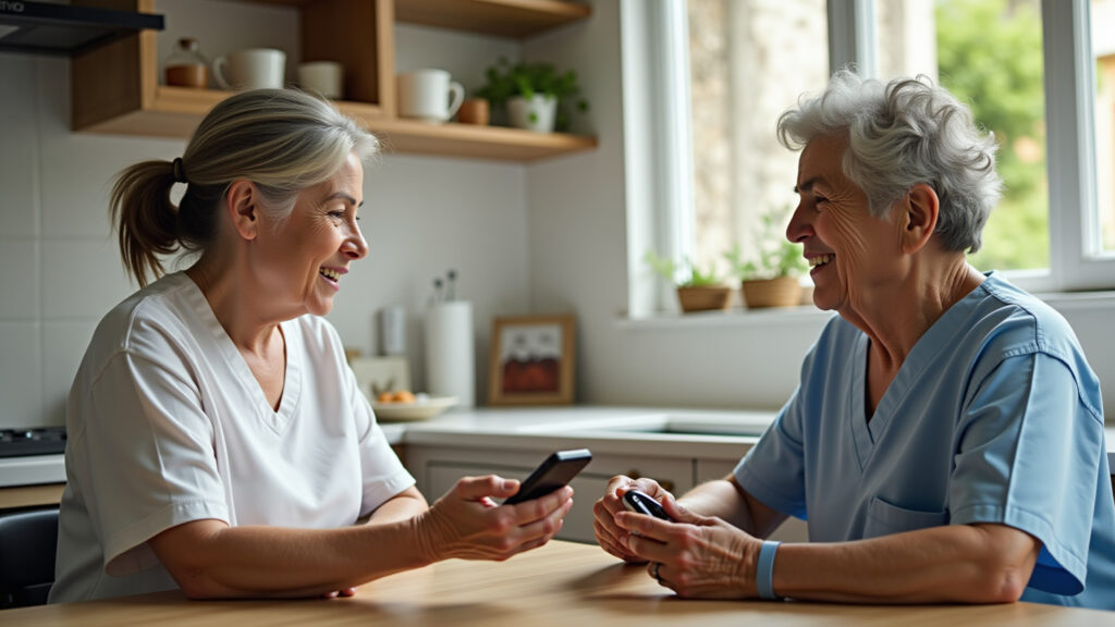 Caregiver discussing monitoring device options with elderly woman in a sunny Brazilian kitchen. 8K Cuidador e idosa discutindo dispositivos de monitoramento.