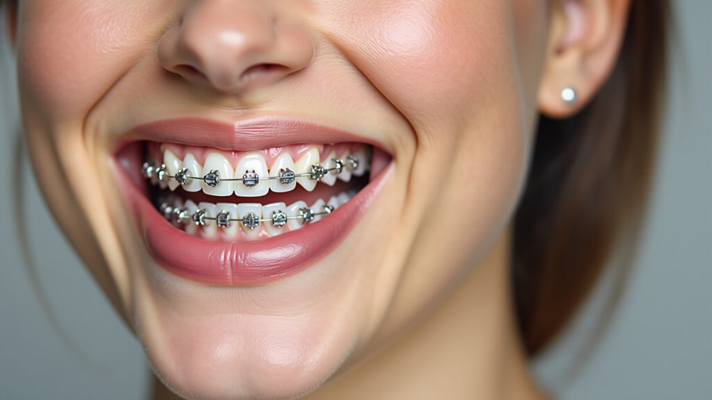 Close-up comparison: traditional metal braces vs clear aligners. Focus on the aesthetic difference, Comparativo: aparelho fixo metálico vs alinhadores transparentes.