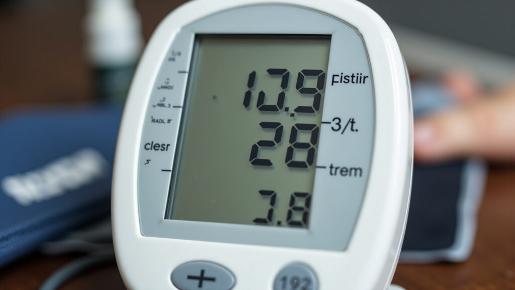 Close-up of a blood pressure monitor displaying a high reading, with a nasal spray bottle in the Descongestionantes nasais e pressão alta.