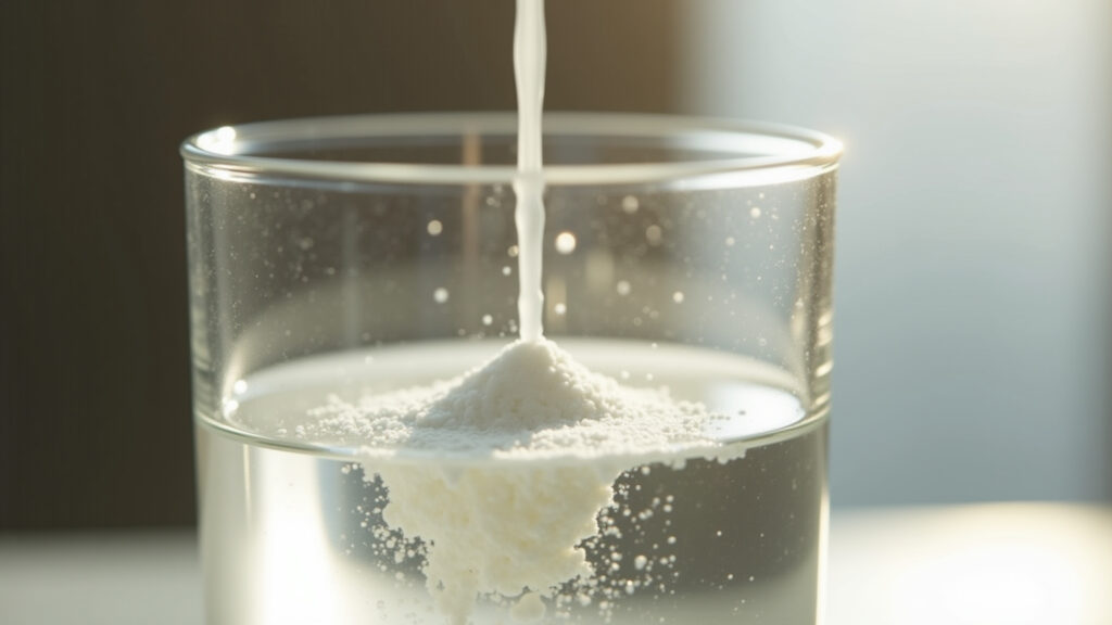 Close-up of creatine powder being mixed into water, clear glass, morning sunlight, minimalist Creatina sendo misturada em água.