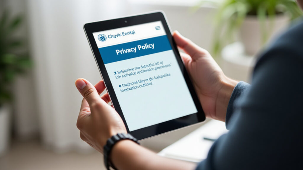 Close-up of privacy policy on a tablet screen, elderly hands holding it. 8K quality, sharp focus, Política de privacidade em tablet, mãos de idoso segurando.