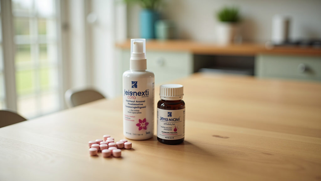 Comparison of nasal spray and oral decongestant pills on a wooden table. Natural light, lifestyle Descongestionantes nasais tópicos vs. orais.