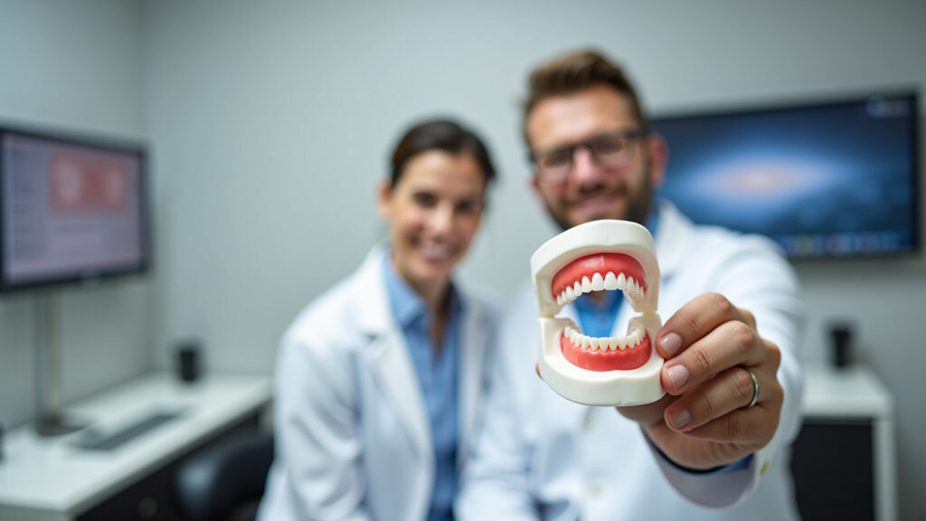 Dentist showing a 3D model of teeth alignment with clear aligners, modern dental clinic, Dentista mostrando planejamento do tratamento com alinhadores.