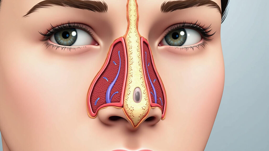 Detailed view of nasal passages with constricted blood vessels, illustrating decongestant action. Mecanismo de ação do descongestionante nasal.