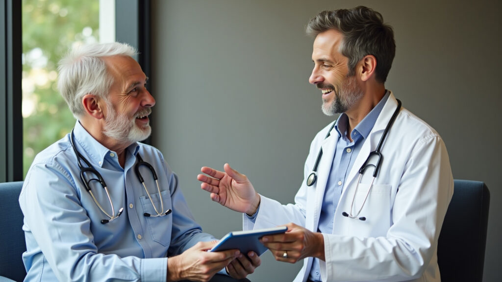 Doctor explaining targeted hormone therapy options to senior man, modern clinic, hope, natural Médico explicando terapias hormonais de nova geração para câncer de próstata.