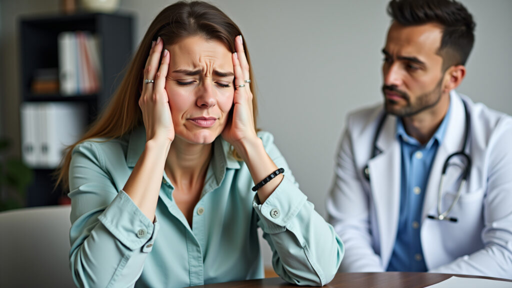 Early menopause, sad woman, worried expression, doctor consultation, medical office, professional Mulher preocupada consultando médico sobre menopausa precoce.