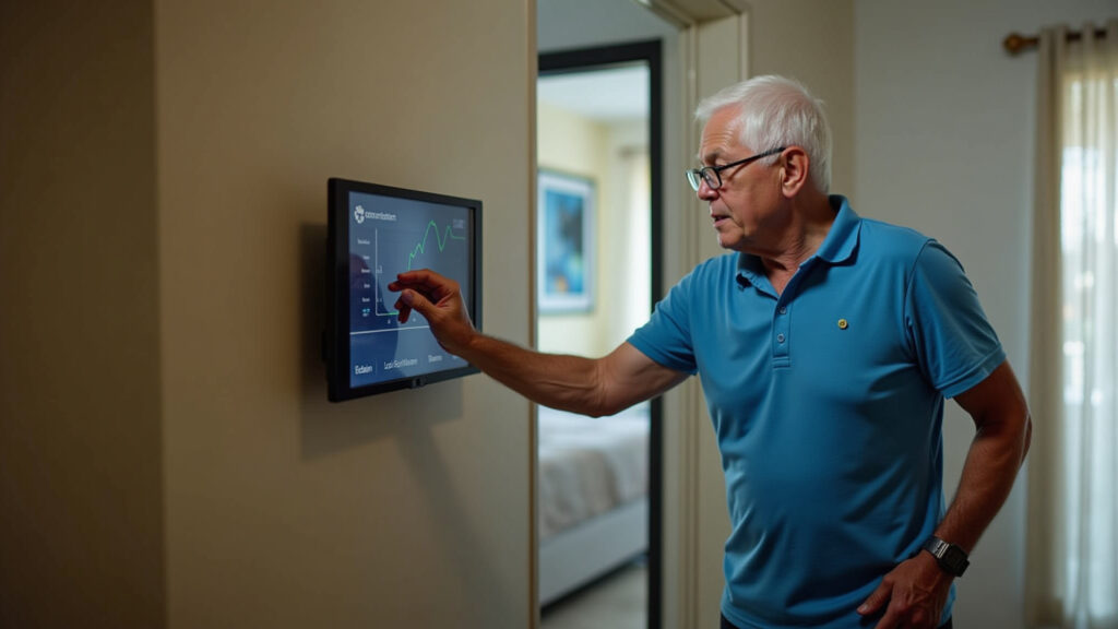 Elderly man easily using a simple monitoring device interface in his Brazilian home. 8K quality, Idoso usando interface simples de dispositivo de monitoramento.