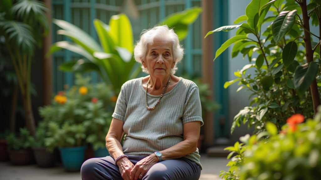 Elderly woman sitting alone in a vibrant Brazilian garden, looking isolated. Lifestyle photography, Idosa isolada socialmente por dificuldade de audição.