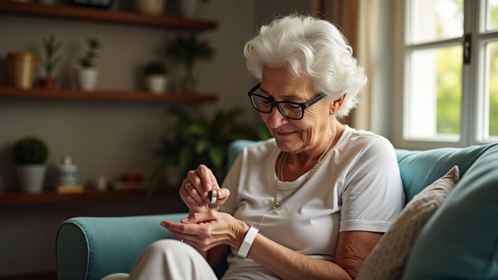 Elderly woman using medical alert bracelet in a cozy, sunlit Brazilian home. Natural lighting, 8K Idosa usando pulseira de alerta médico em casa.