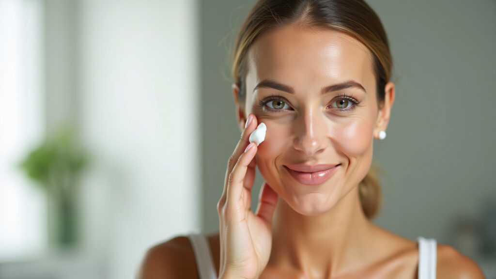 Mulher aplicando creme anti-idade no rosto, rotina de skincare.