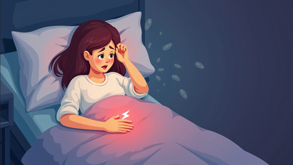 Estrogen effects, woman experiencing hot flashes, night sweats, insomnia, illustration, medical Ilustração dos efeitos da falta de estrogênio no corpo durante a menopausa.
