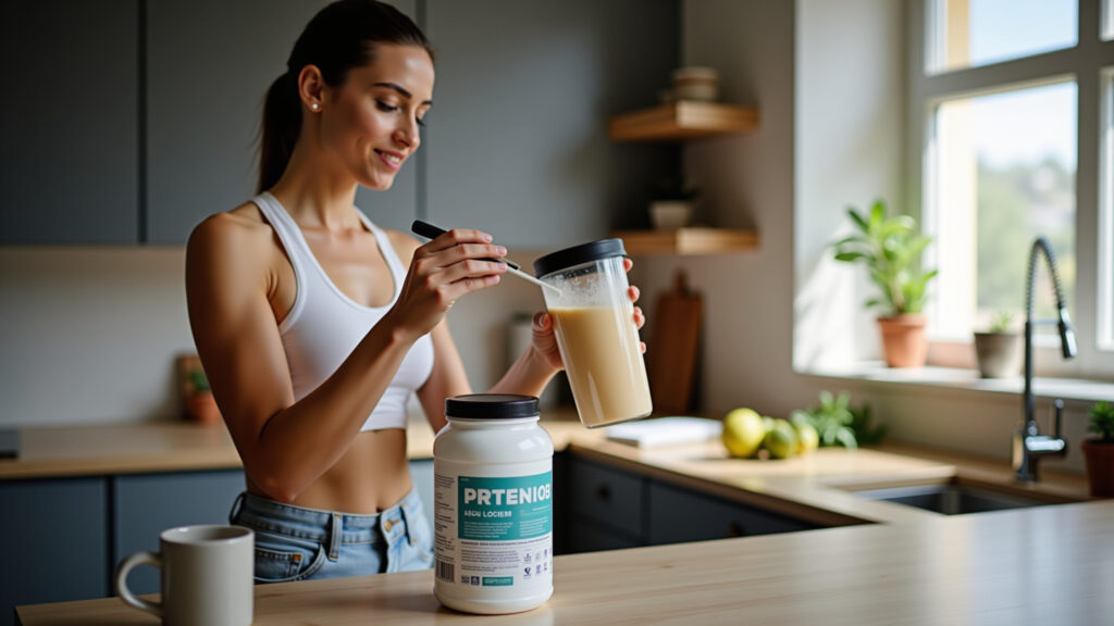 Fit young woman preparing protein shake in a modern Brazilian kitchen, creatine container visible, Mulher preparando shake de creatina na cozinha.