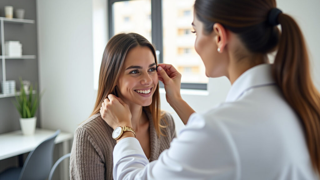 Fonoaudiologist performing hearing test on a woman in a modern Brazilian clinic. Natural light, Fonoaudióloga realizando exame de audiometria.