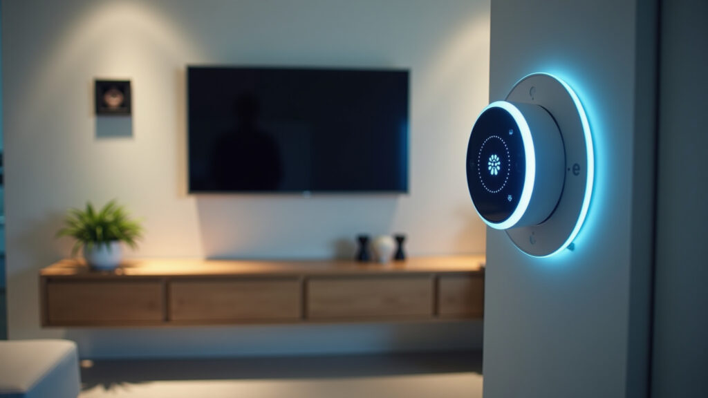 Futuristic monitoring device integrated into a modern Brazilian home. AI integration, 8K quality, Dispositivo de monitoramento futurista em casa moderna.