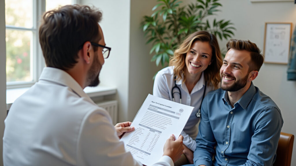 Genetic testing consultation, doctor discussing results with a diverse couple, lab background, Consulta sobre testes genéticos para risco de câncer de próstata.