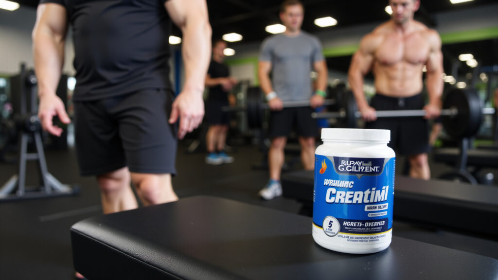 Gym interior, diverse athletes lifting weights, creatine supplement on a bench, motivational Atletas treinando em academia com creatina.