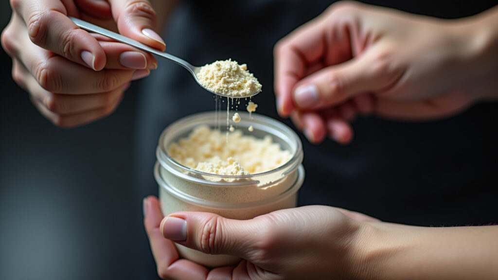 Hand measuring creatine powder with a spoon, precise dosage, supplement routine, professional Medindo a dose ideal de creatina.