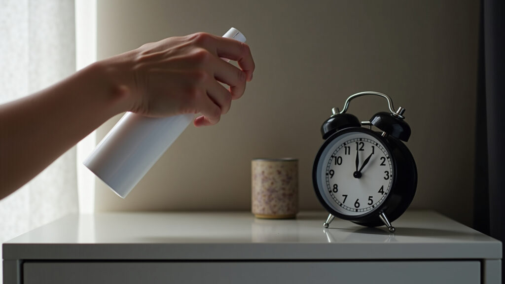 Hand reaching for nasal spray on a nightstand, alarm clock showing 3 AM. Soft, diffused lighting, Dependência de descongestionantes nasais.
