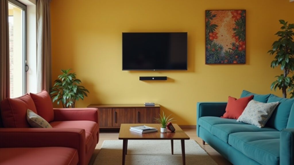 Home monitoring system sensors integrated into a vibrant Brazilian living room. Discreet Sensores de monitoramento residencial discretos.