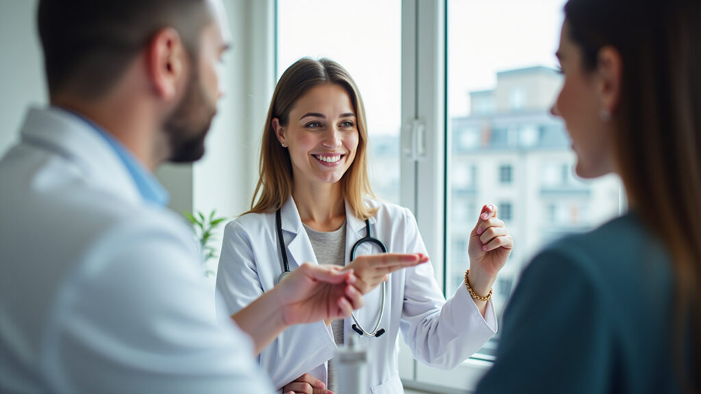 Hormone therapy, doctor explaining treatment options, patient listening, medical consultation, Médico explicando opções de terapia hormonal para menopausa.