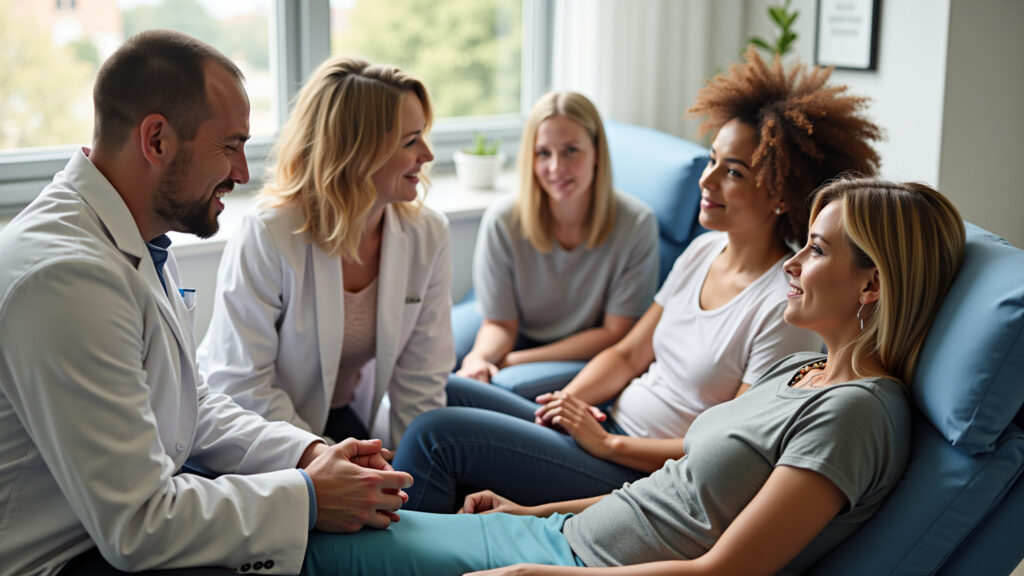 Immunotherapy session, diverse group of patients receiving treatment, supportive environment, hope, Pacientes recebendo imunoterapia para tratamento de câncer de próstata.