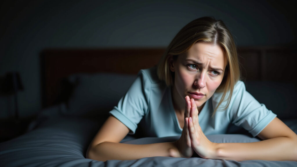 Insomnia menopause, woman unable to sleep, dark room, frustrated expression, sleep hygiene tips, 8K Mulher com insônia durante a menopausa, buscando soluções para dormir melhor.