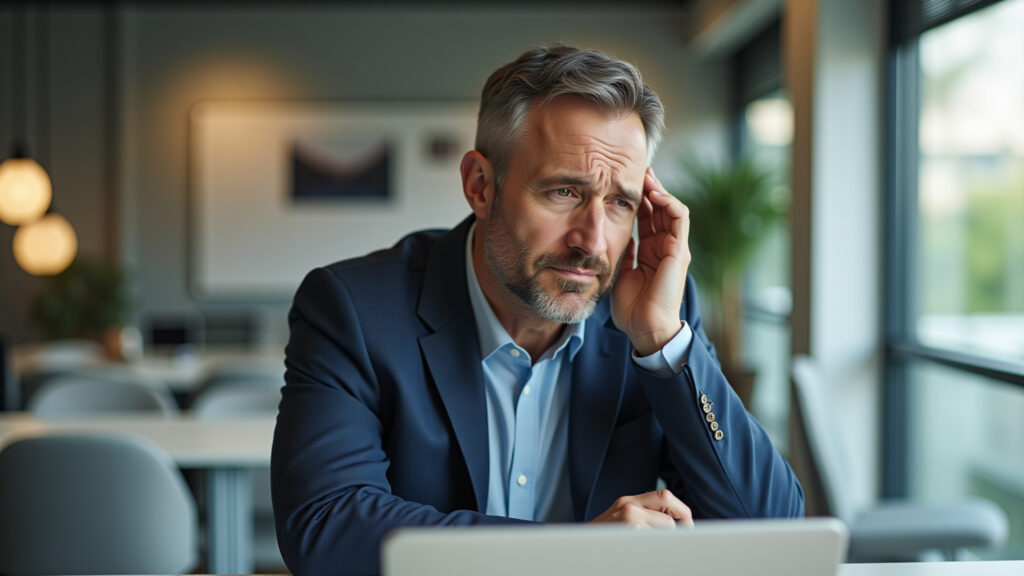 Man in his 40s in a modern Brazilian office, looking stressed with a ringing in his ear. Sharp Homem com zumbido no ouvido (tinnitus).
