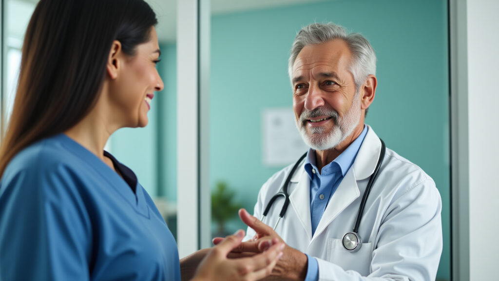 Man in his 60s consulting with a doctor in a bright Brazilian clinic. Professional photography, 8K Homem consultando otorrinolaringologista.