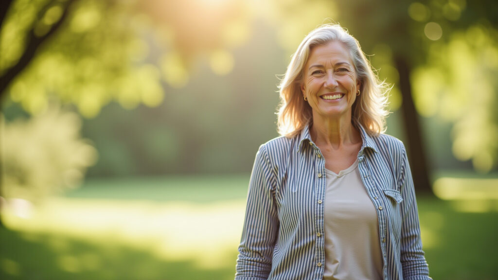 Mature Brazilian woman smiling, natural light, healthy lifestyle, managing menopause, vibrant Mulher madura sorrindo, irradiando saúde e bem-estar durante a menopausa.