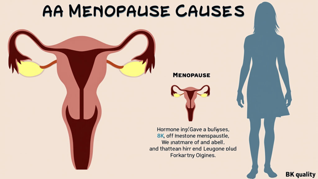 Menopause causes illustration, ovaries, hormone imbalance, woman silhouette, medical diagram, soft Ilustração didática das causas da menopausa e do desequilíbrio hormonal.