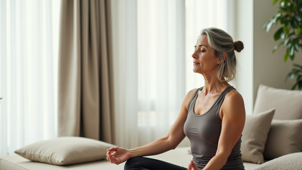 Menopause symptoms relief, woman meditating, yoga pose, natural light, serene expression, lifestyle Mulher praticando yoga para aliviar os sintomas da menopausa.