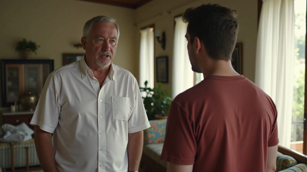 Middle-aged man in a brightly lit Brazilian living room, looking confused while a friend speaks. Homem pedindo para repetir, sinal de perda auditiva.