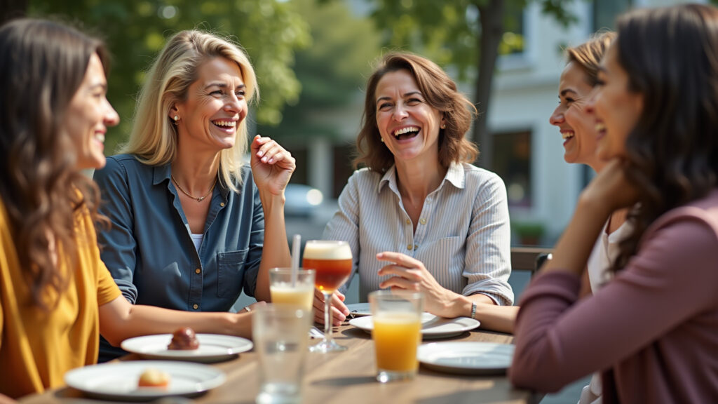 Mulher rindo com amigos em um café, celebrando a alegria e o bom humor.