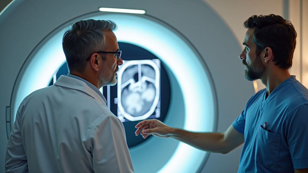 mpMRI scan in progress, doctor explaining results to a middle-aged Brazilian man, concerned Médico explicando exame de ressonância magnética multiparamétrica.