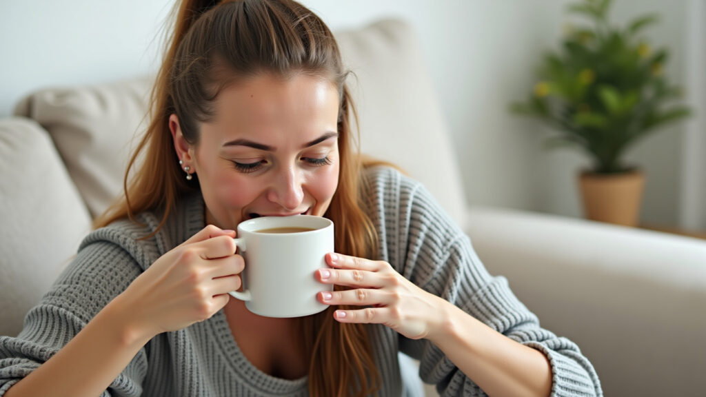 Natural remedies hot flashes, woman drinking herbal tea, relaxing at home, cozy environment, Mulher relaxando em casa com chá de ervas para aliviar ondas de calor.