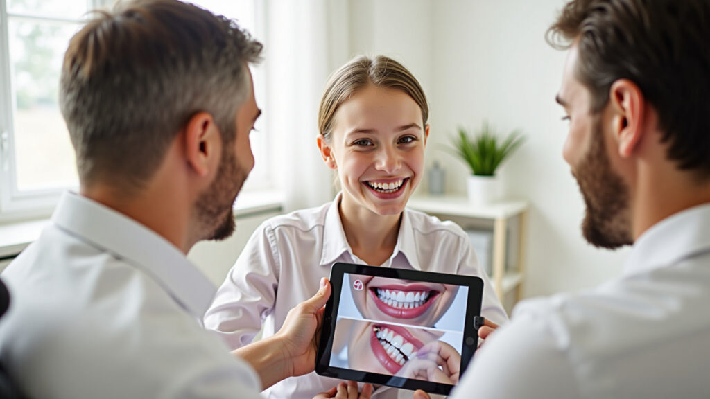 Orthodontist explaining aligner treatment to a patient, showing before and after photos on a Dentista explicando tratamento com alinhadores transparentes.
