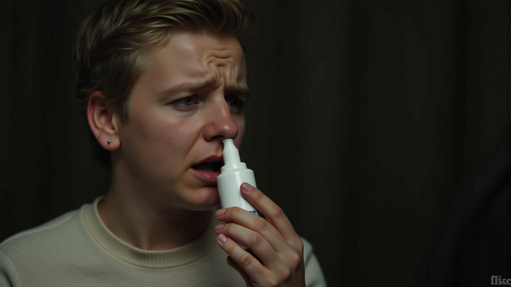 Person looking distressed, holding a nasal spray, with a blurred background suggesting repeated Efeito rebote do descongestionante nasal.