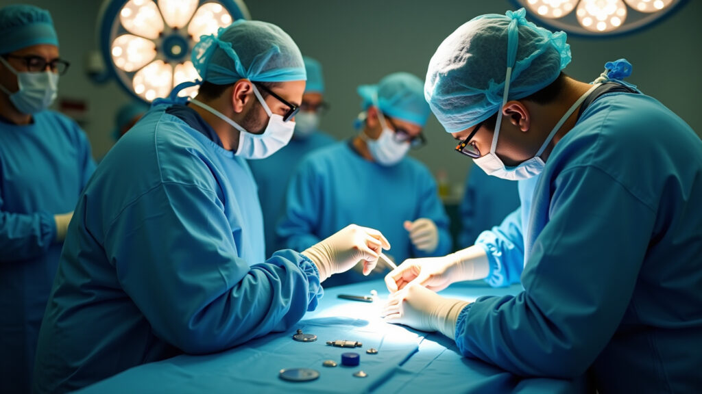 Robotic surgery in progress, surgical team focused, high-tech operating room, precision, Equipe cirúrgica realizando prostatectomia radical robótica.