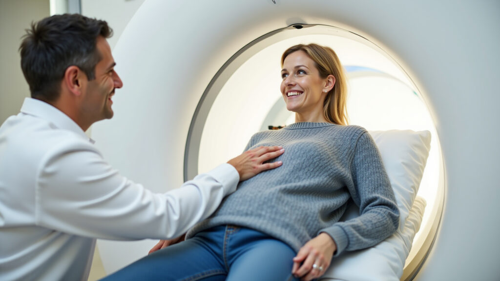 SBRT radiation therapy session, patient receiving treatment, advanced technology, precision, Paciente recebendo radioterapia estereotáxica ablativa (SBRT).