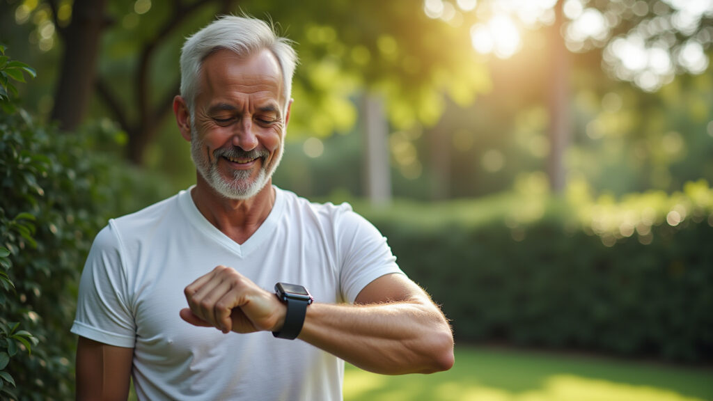 Senior man checking his heart rate on a smartwatch in a bright Brazilian garden. Natural lighting, Idoso monitorando frequência cardíaca com smartwatch.
