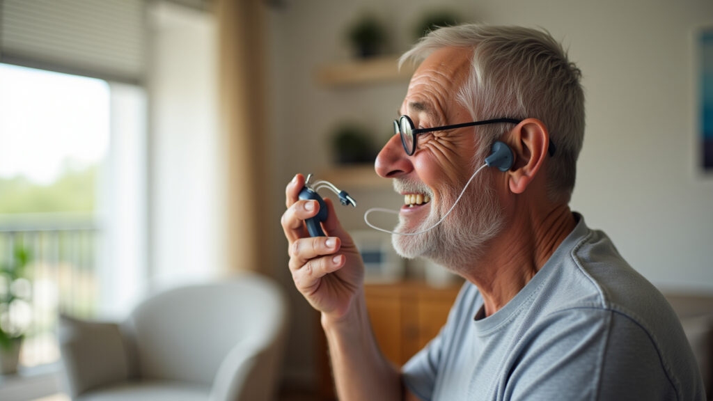 Senior man smiling, wearing a modern hearing aid in a bright Brazilian home. Lifestyle photography, Homem usando aparelho auditivo.