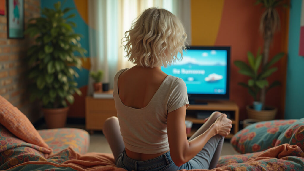 Senior woman in a colorful Brazilian apartment, turning up the TV volume excessively. Natural Idosa aumentando volume da TV, possível perda auditiva.