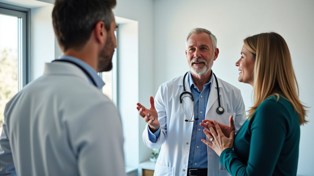 Surgeon explaining robotic prostatectomy benefits to a man and his partner, modern clinic, natural Cirurgião explicando os benefícios da prostatectomia robótica.