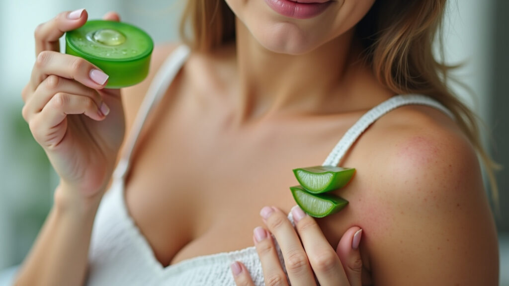 Woman applying aloe vera gel to sunburned skin, close-up, 8K quality, sharp focus, hyper-realistic, Aplicação de gel de aloe vera em pele queimada de sol.