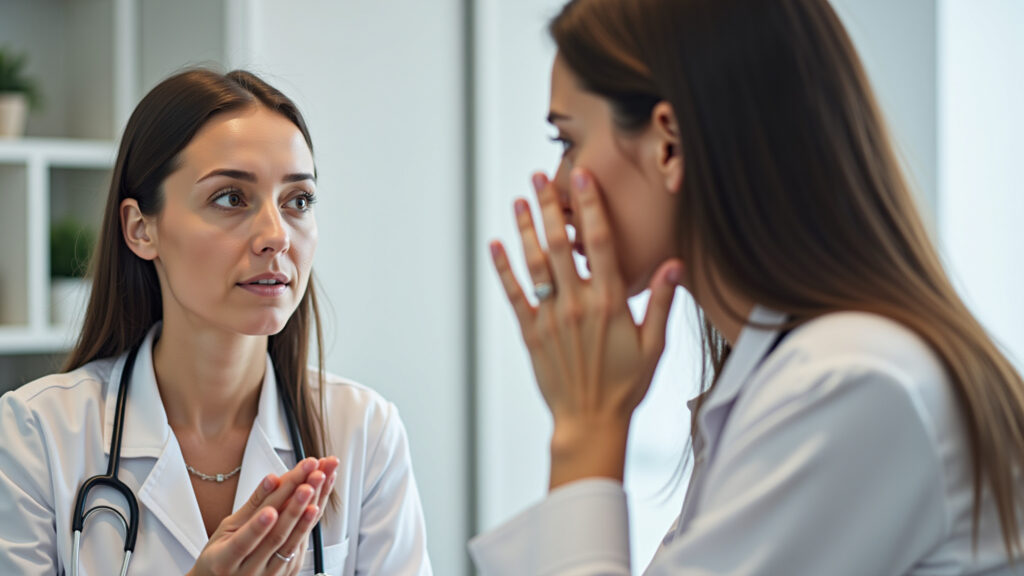 Mulher consultando dermatologista para tratamento de rugas de expressão.