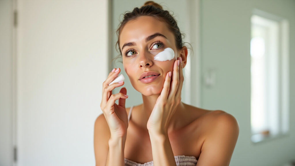 Woman hydrating skin with light moisturizer after shower, bright bathroom, natural light, 8K Mulher hidratando a pele com hidratante leve após o banho.