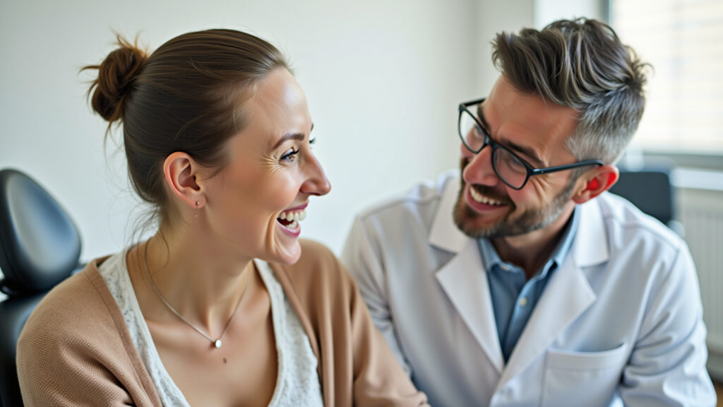 Woman in a dental office discussing treatment options (braces vs aligners) with her dentist, Mulher conversando com dentista sobre aparelho fixo e alinhadores.