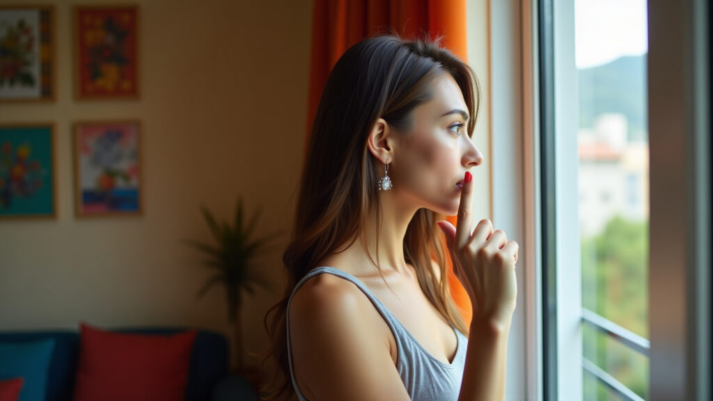 Mulher evitando contato visual, protegendo o coração.